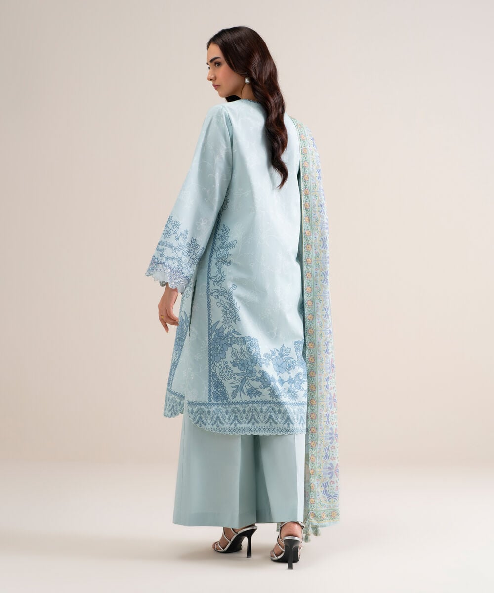 Women's Unstitched Embroidered Cotton Ice Blue 3 Piece Suit