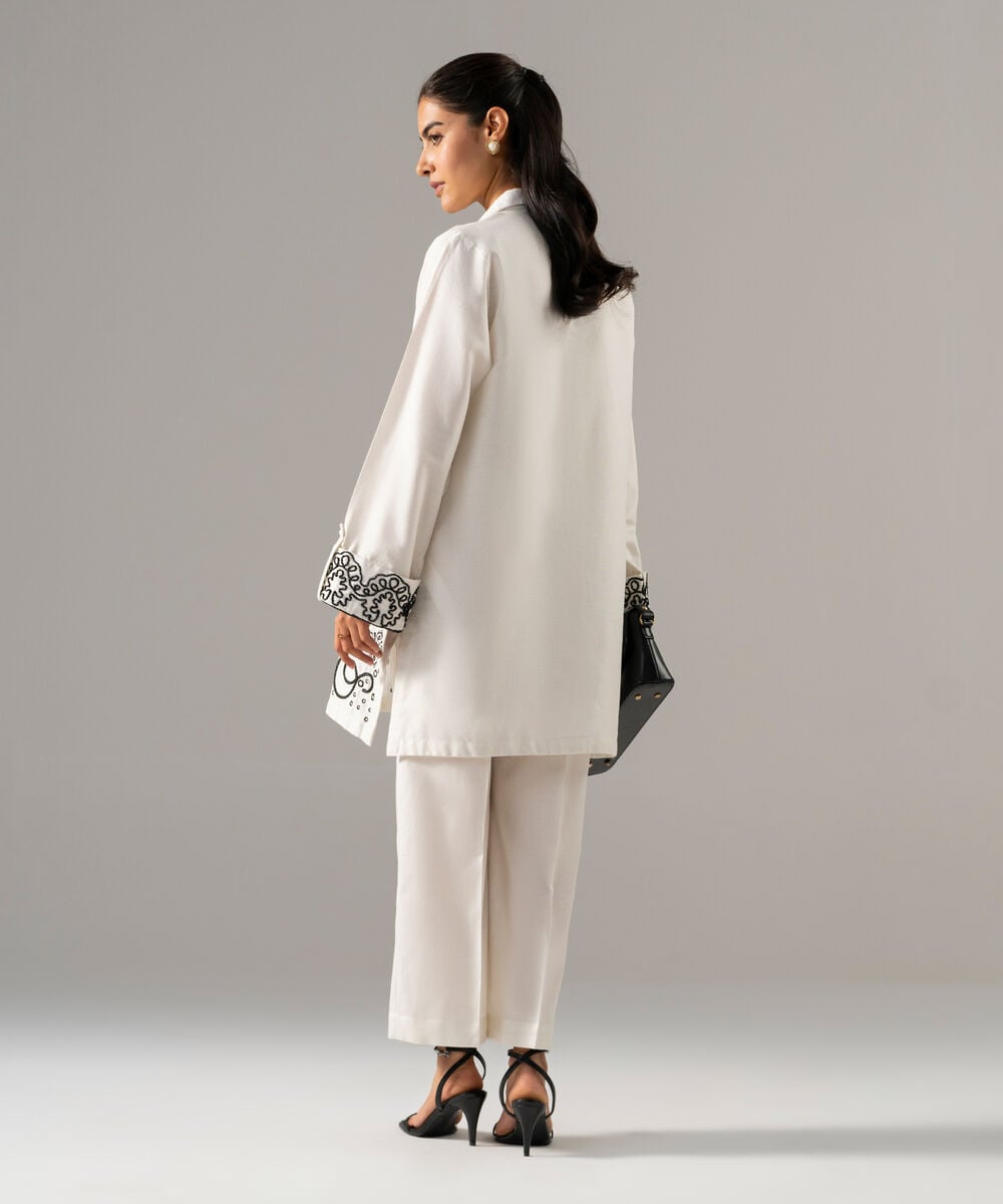 Women's RTW Cotton Linen Embroidered Off White 2 Piece Suit