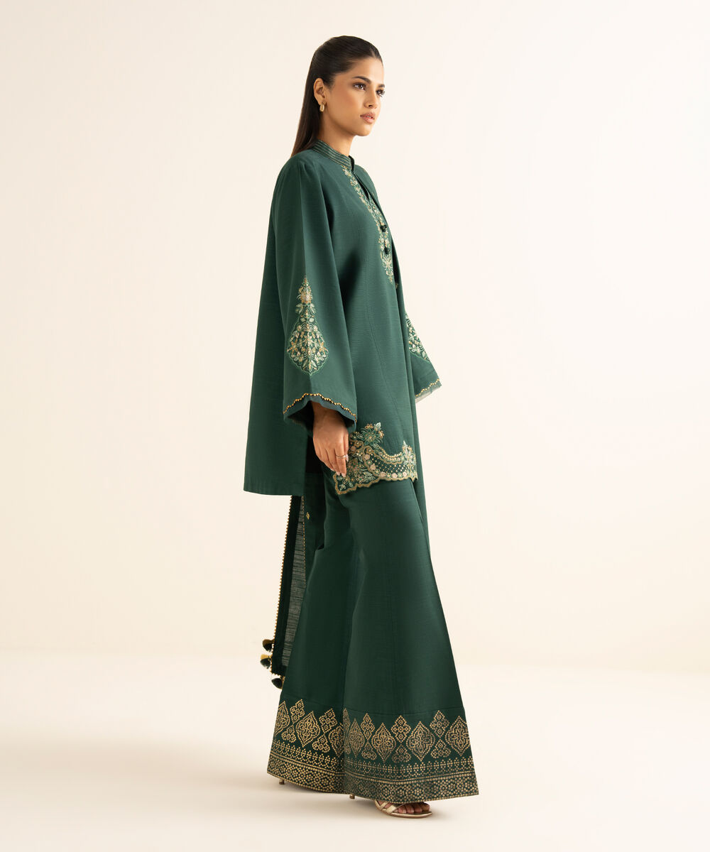 Women's Unstitched Cotton Embroidered Green 3 Piece Suit