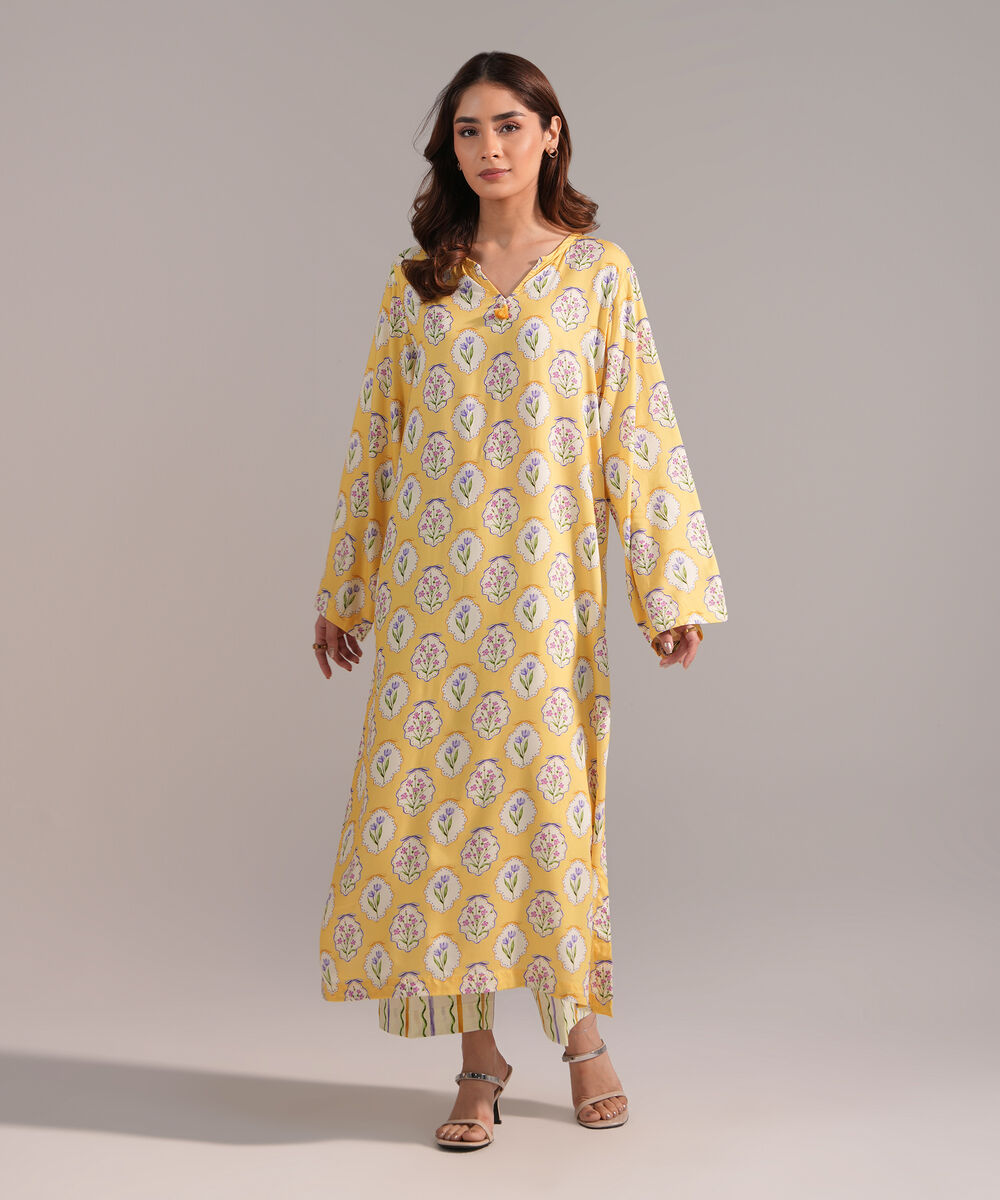 Women's RTW Arabic Lawn Printed Yellow A-Line Shirt