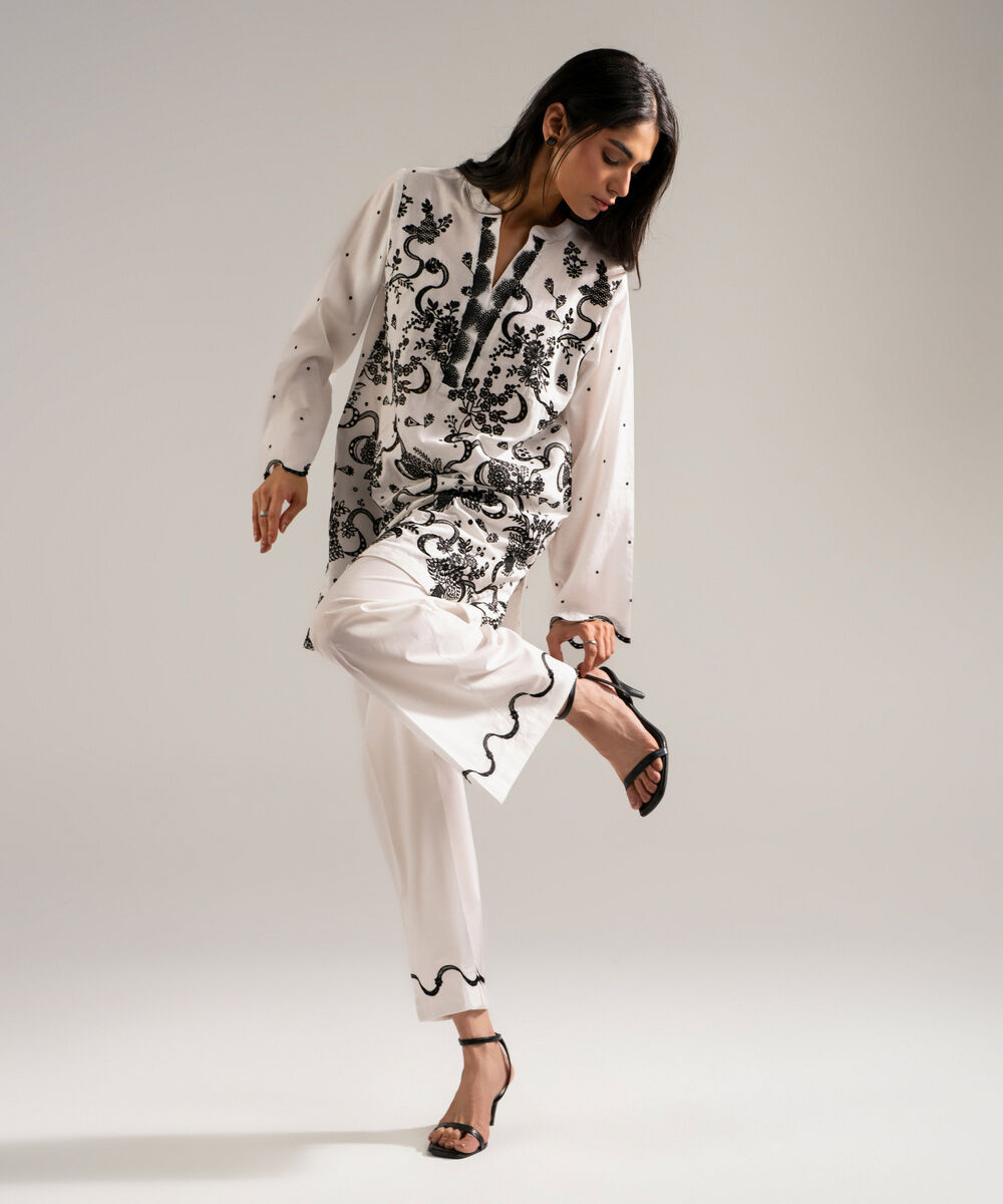 Women's RTW Self Jacquard Embroidered White 2 Piece Suit