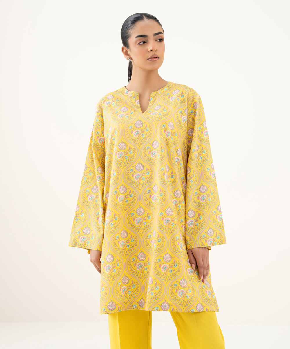 Women's RTW Cambric Printed Yellow Drop Shoulder Shirt