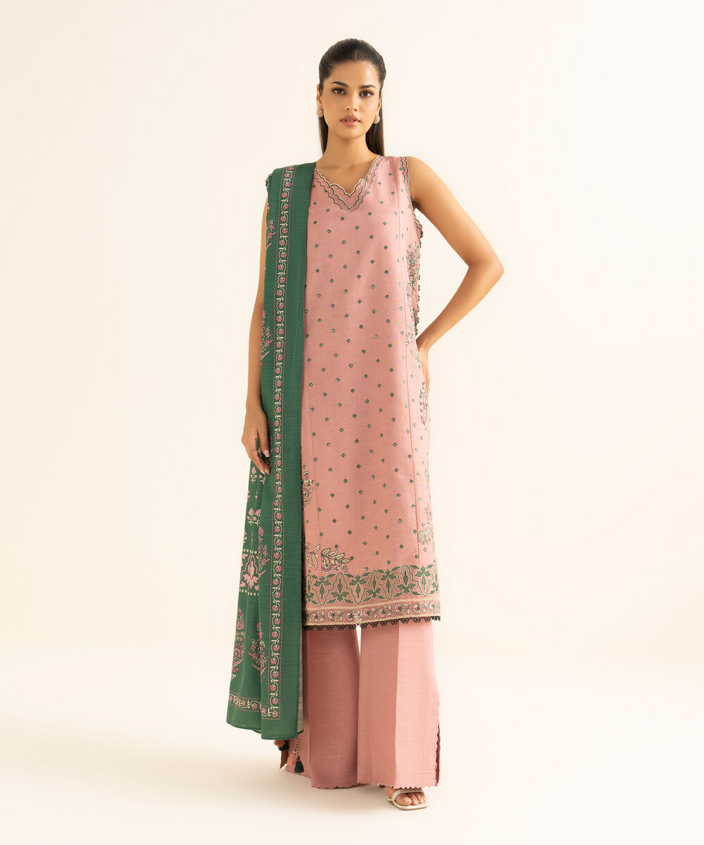Women's Unstitched Cotton Embroidered Pink 3 Piece Suit