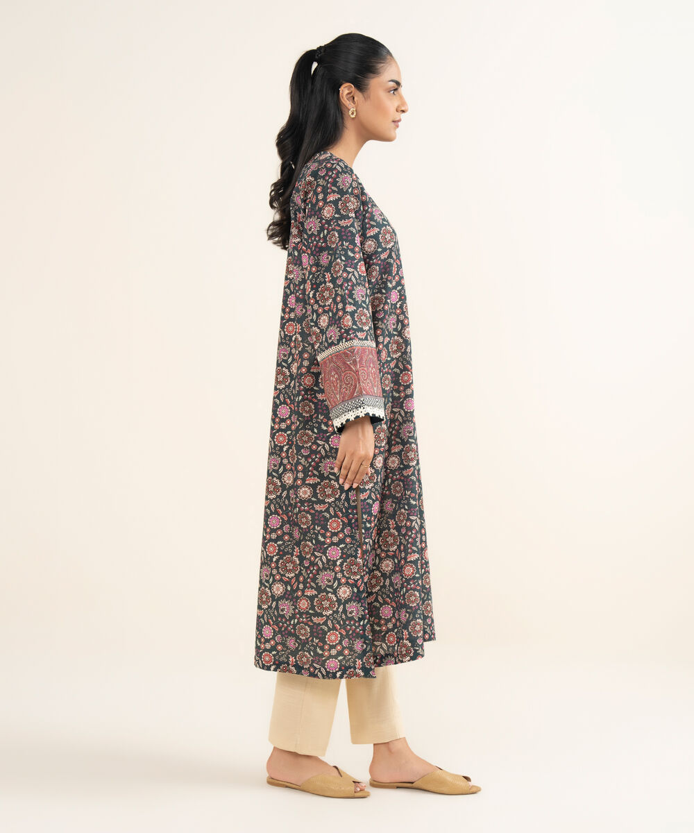 Women's RTW Cotton Printed Dark Teal A-Line Shirt