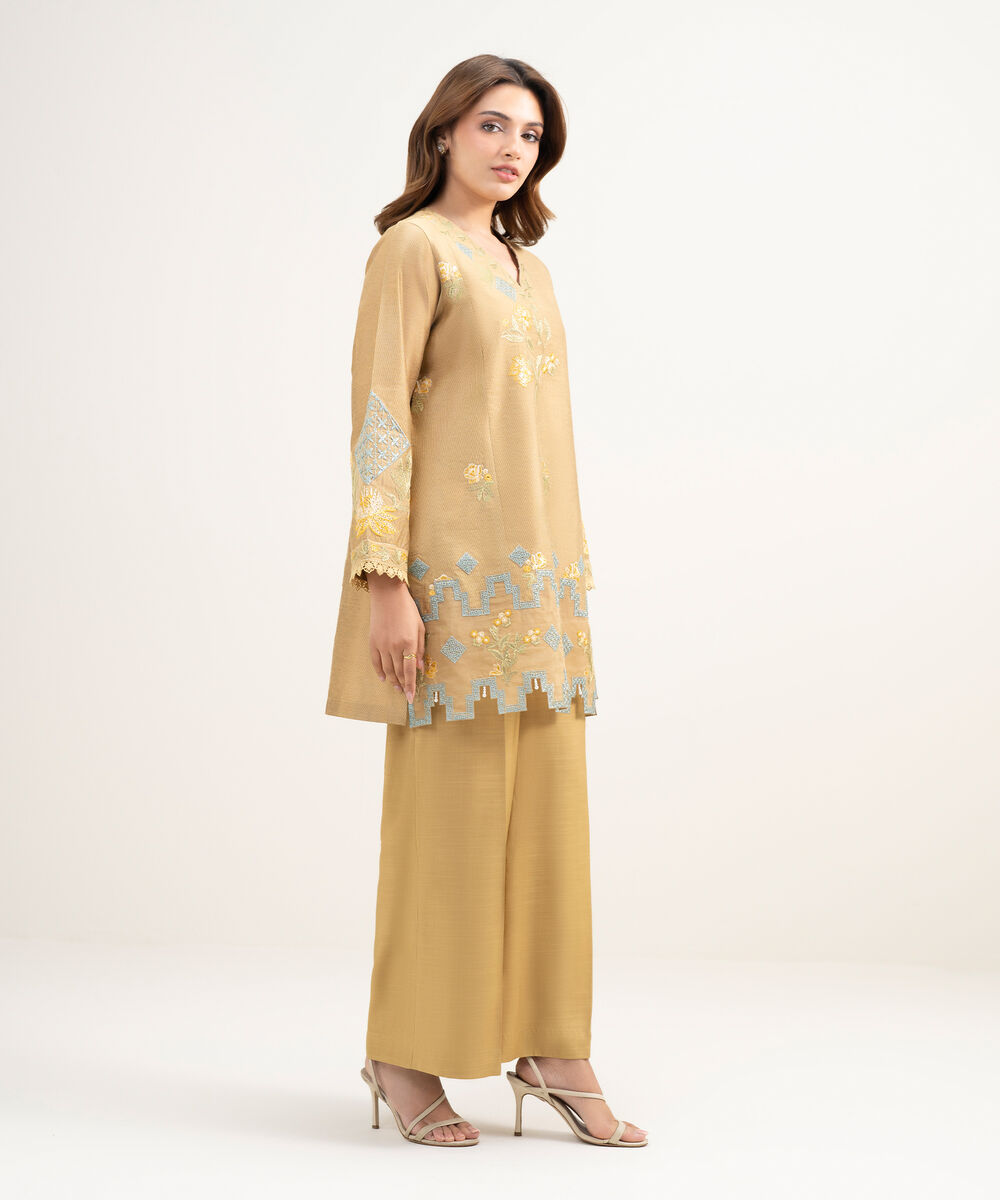 Women's RTW Silk Cotton Net Embroidered Golden 2 Piece Suit