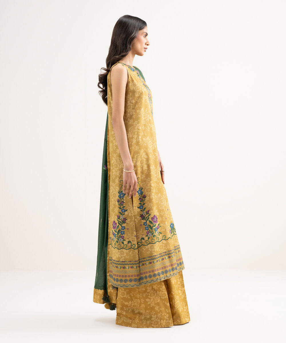 Women's Unstitched Lawn Embroidered Yellow 3 Piece Suit