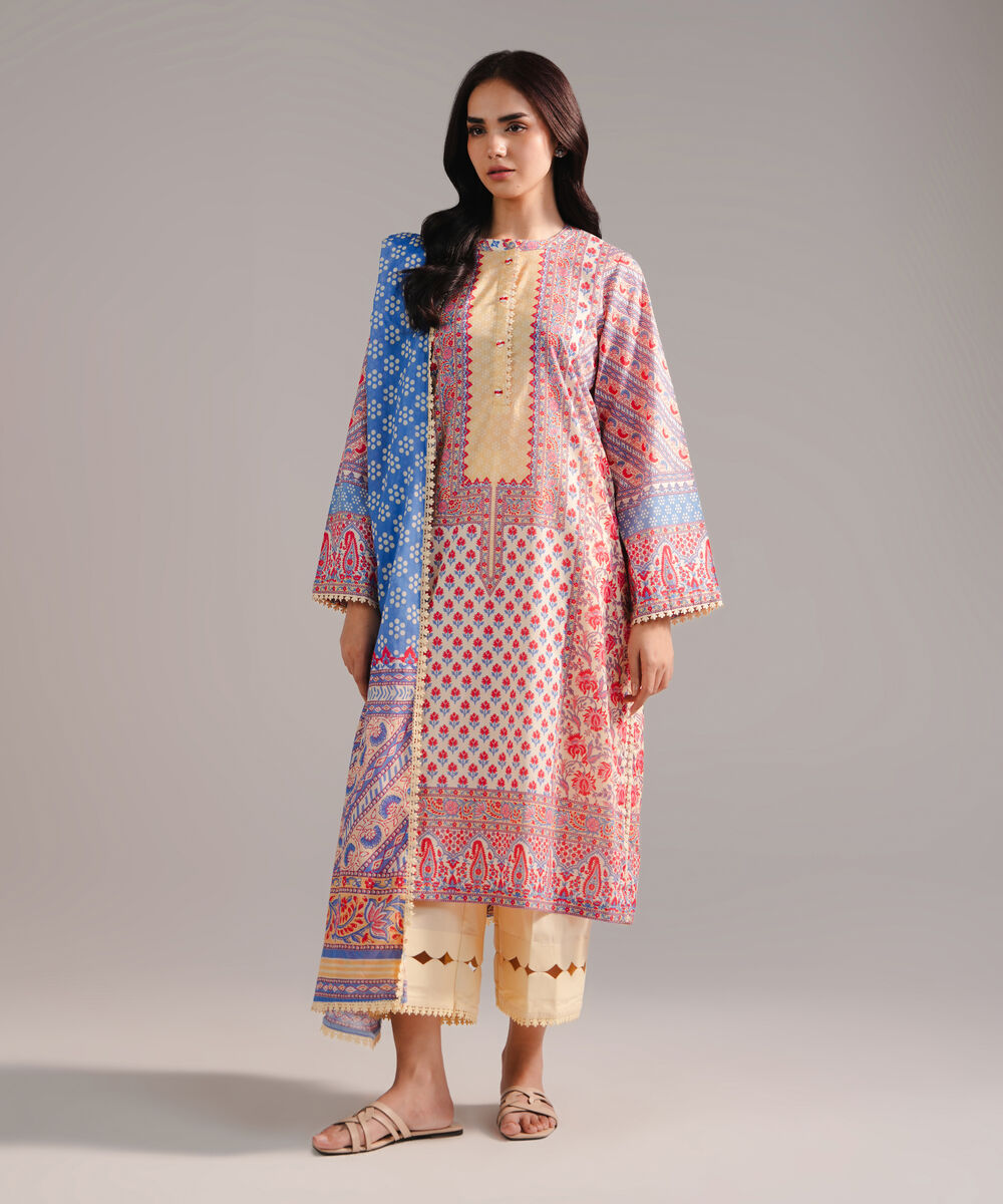 Women's RTW Lawn Printed Pale Yellow 3 Piece Suit