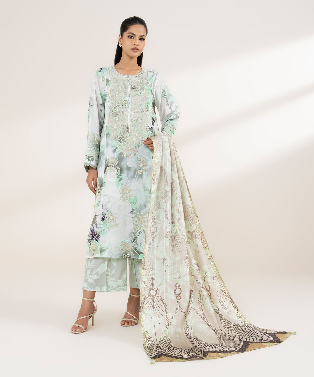 Women's RTW Lawn Green Embroidered A-Line Shirt