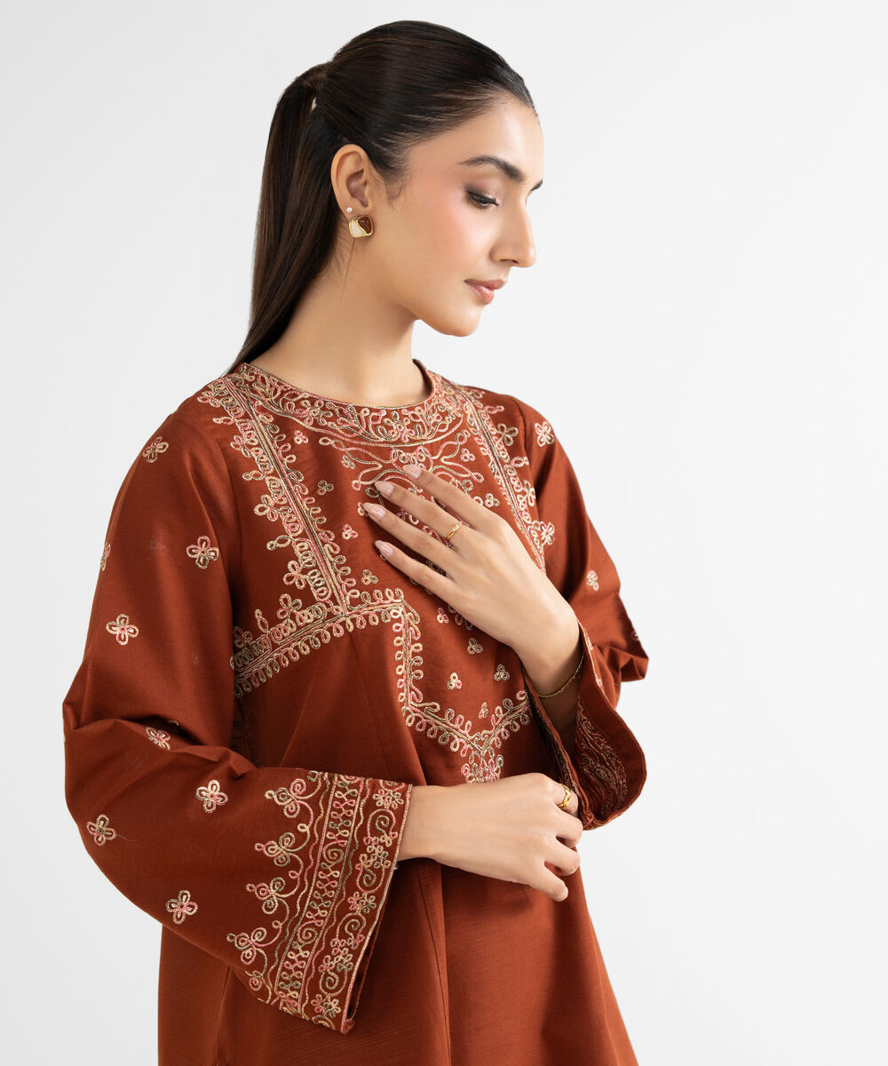 Women's RTW Khaddar Embroidered Dark Brown A-Line Shirt
