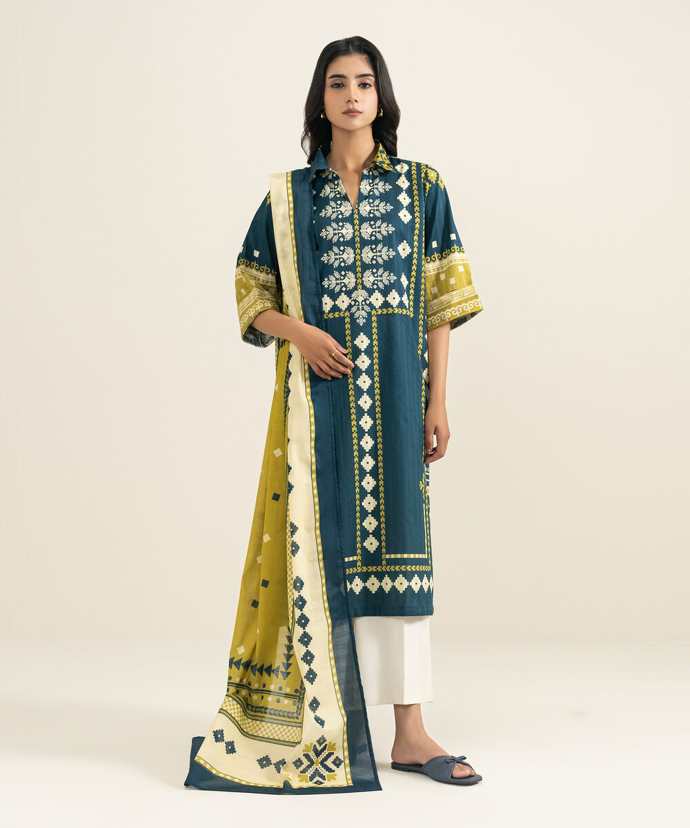 Women's RTW Textured Cotton Printed Blue A-Line Shirt