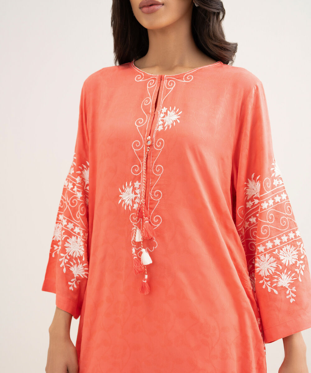 Women's RTW Arabic Self Jacquard Embroidered Orange Straight Shirt