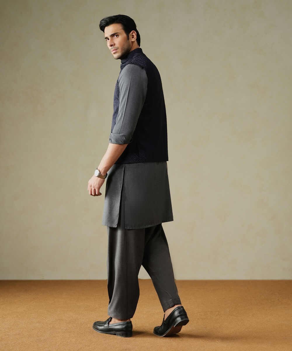 Men's Textured Wash & Wear Embroidered Blue Waist Coat