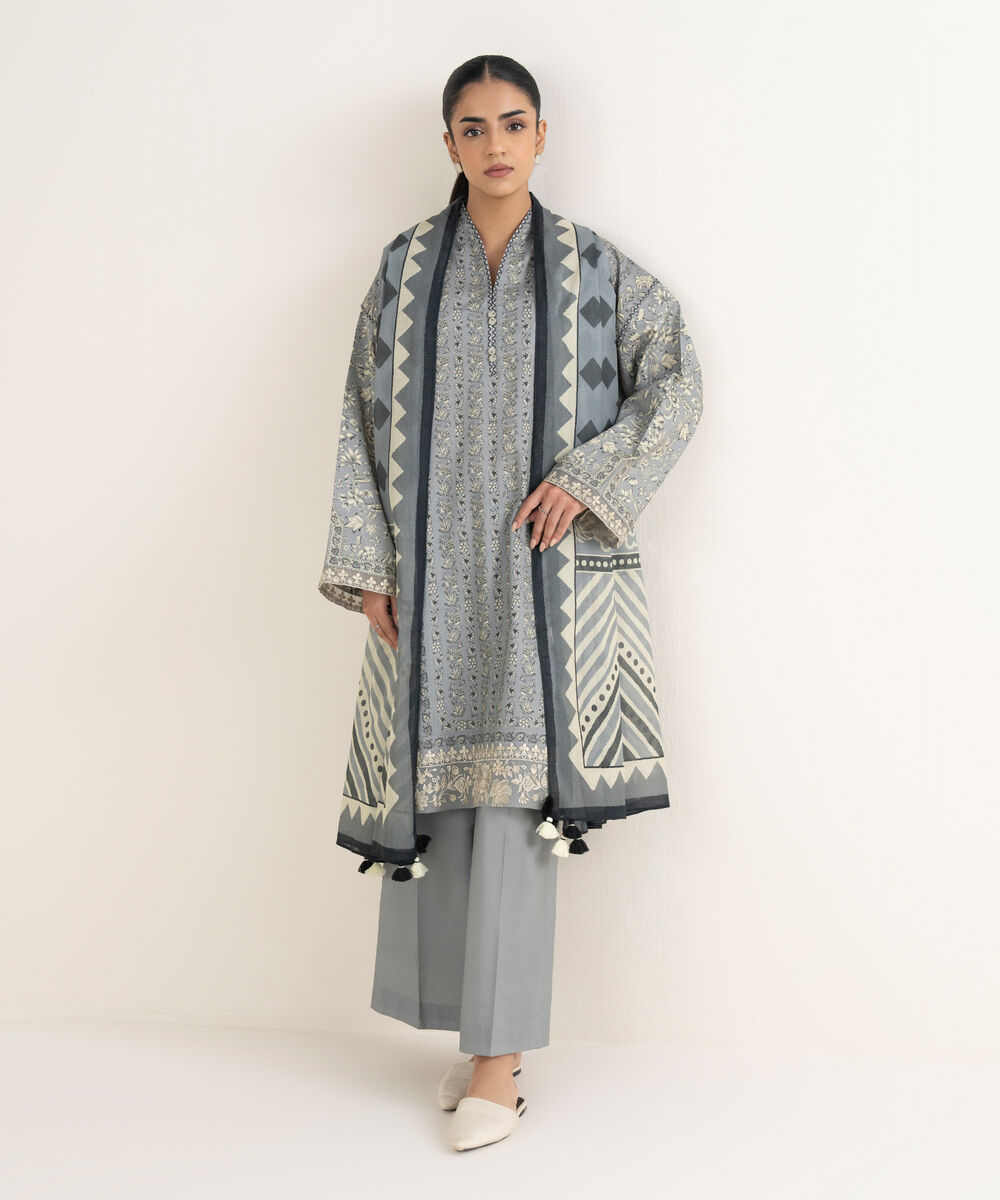 Women's Unstitched Cotton Printed Grey 3 Piece Suit