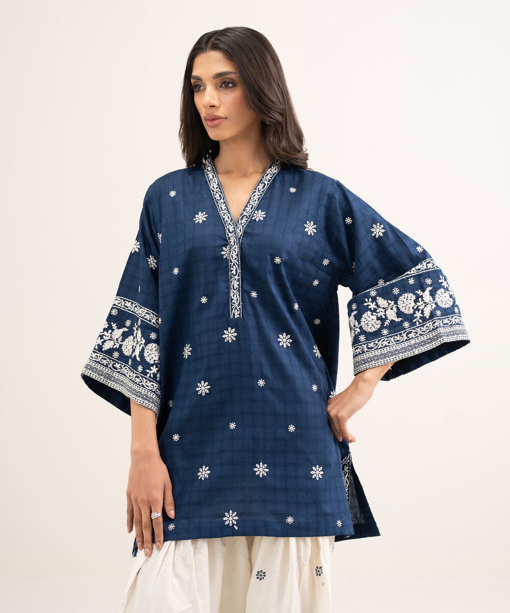 Women's RTW Dobby Embroidered Blue Boxy Shirt