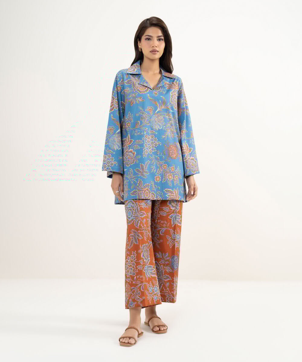 Women's RTW Seersucker Printed Blue Straight Shirt