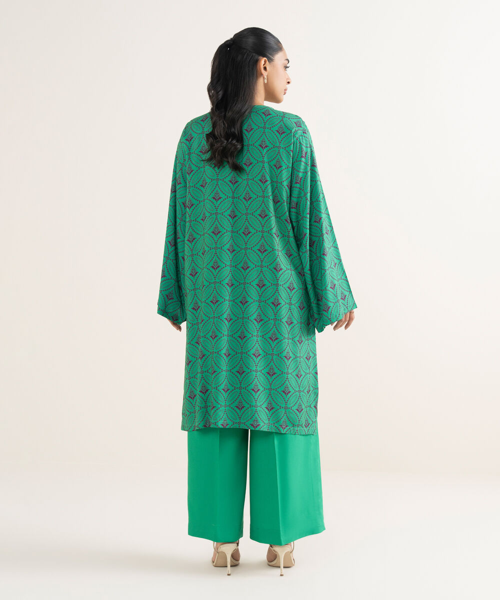 Women's RTW Linen Printed Green Straight Shirt