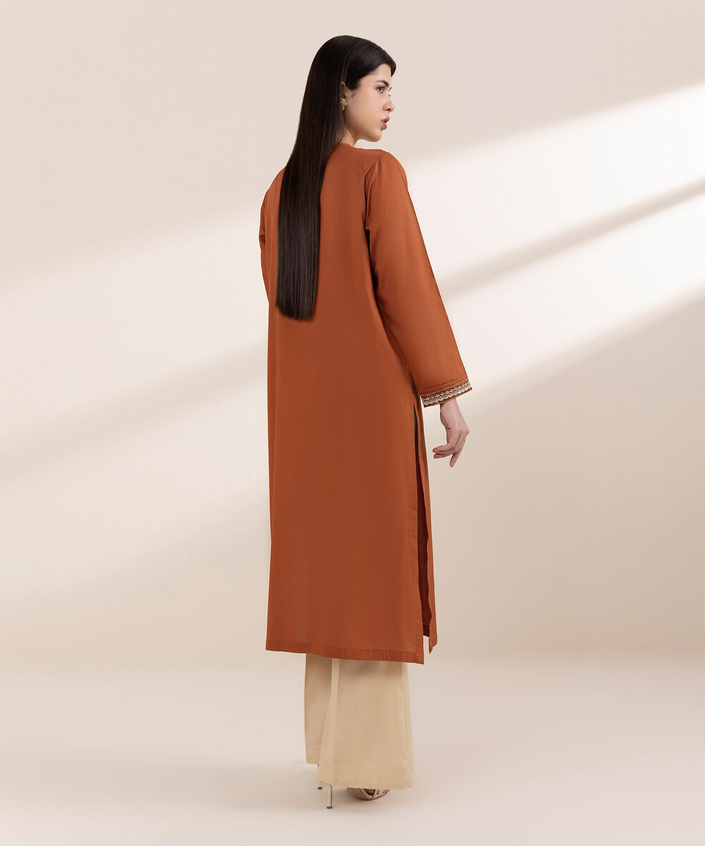 Women's RTW Arabic Lawn Orange Embroidered A-Line Shirt