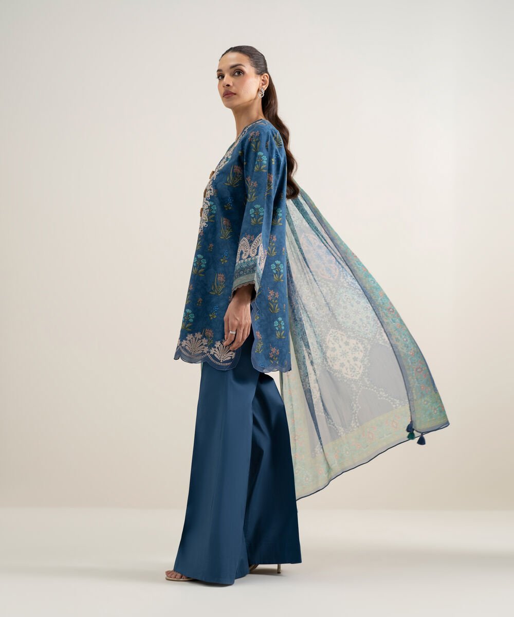 Women's Unstitched Lawn Embroidered Blue 3 Piece Suit