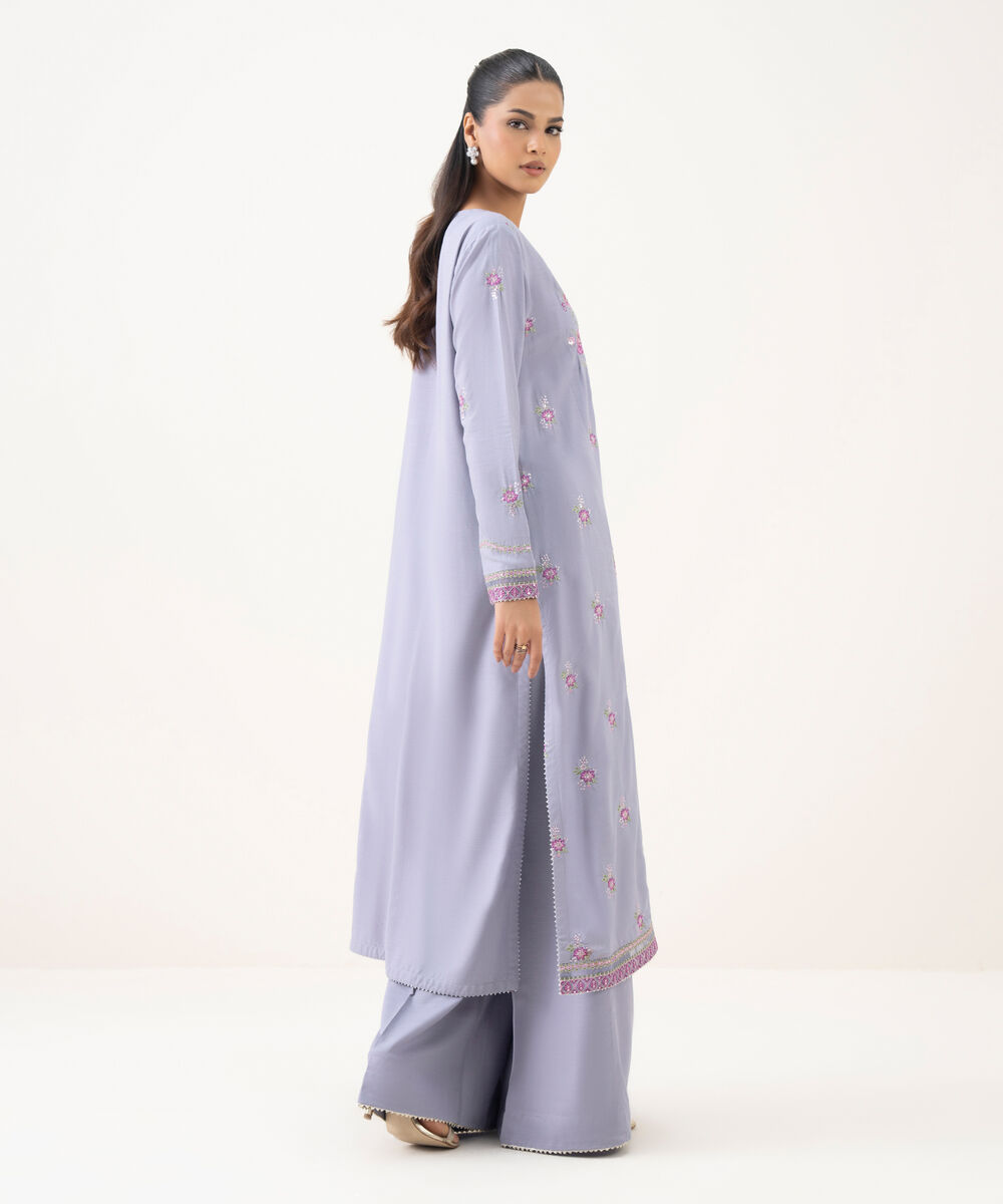 Women's RTW Cotton Viscose Purple Embroidered A-Line Shirt