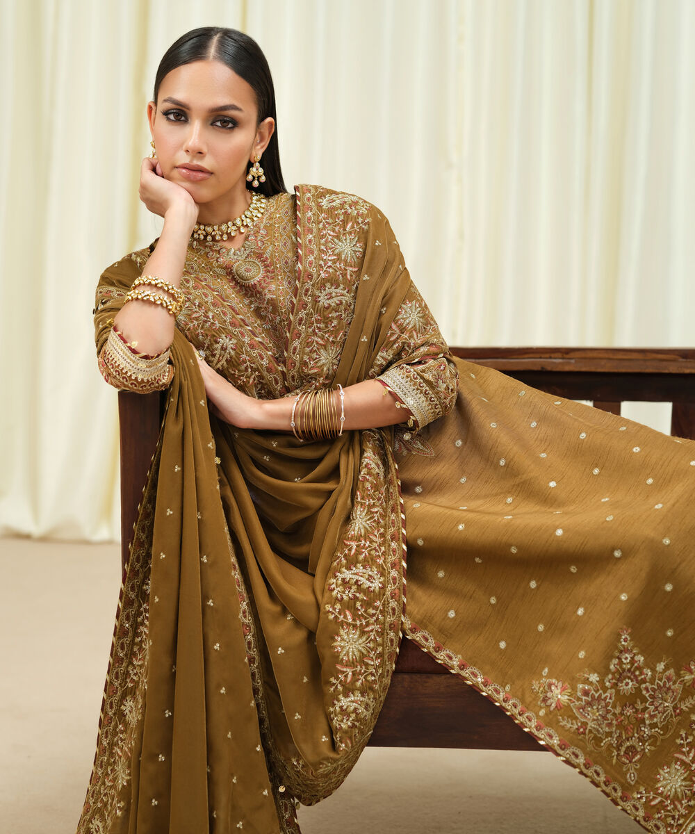 Women's Unstitched Raw Silk Embroidered Brown 3 Piece Suit