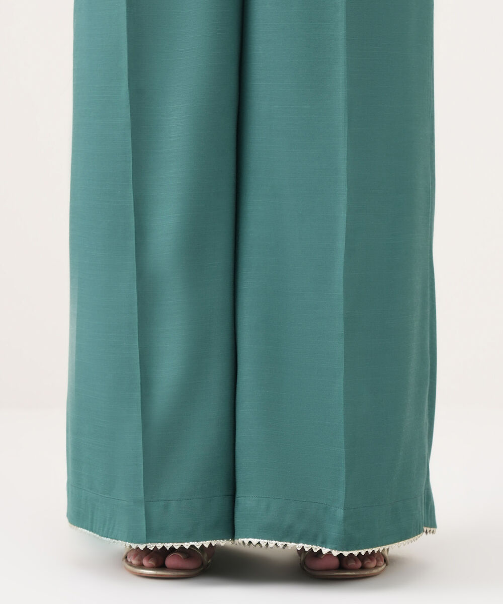 Women's RTW Viscose Raw Silk Solid Green Flared Pants