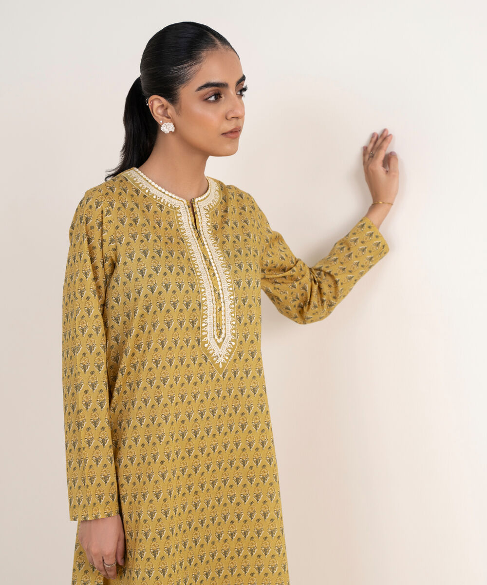 Women's RTW Lawn Mustard Embroidered Straight Shirt