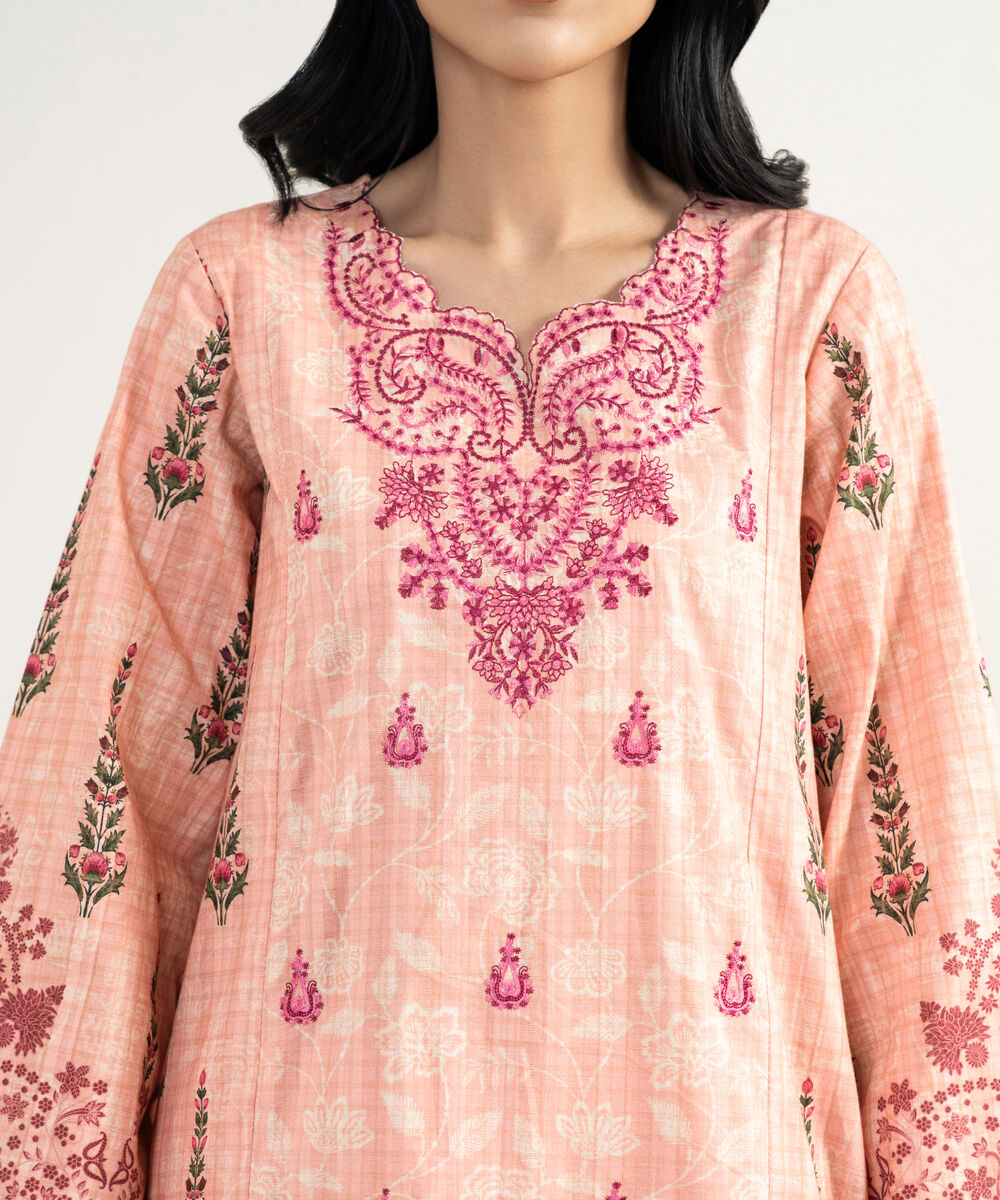 Women's RTW Cotton Embroidered Pink 3 Piece Suit