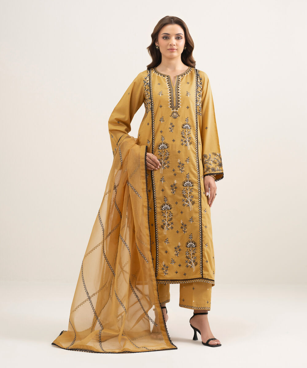 Women's RTW Dobby Embroidered Yellow A-Line Shirt