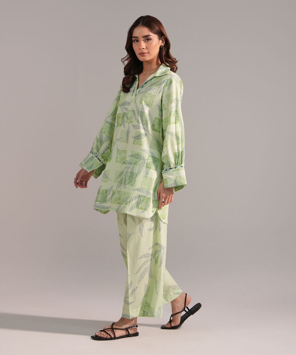 Women's RTW Seersucker Printed Green Straight Shirt