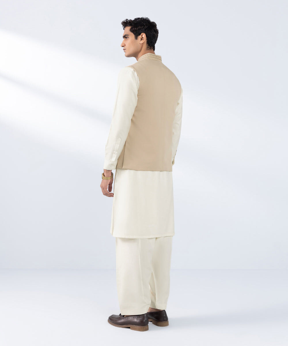 Men's Stitched Embroidered Beige Premium Wash & Wear Waistcoat