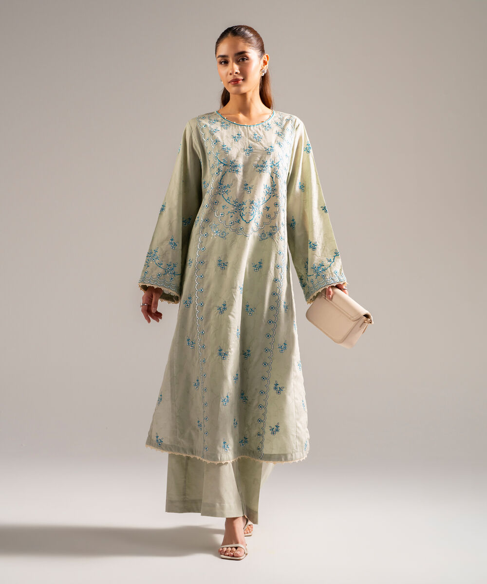Women's RTW Self Jacquard Embroidered Green 2 Piece Suit