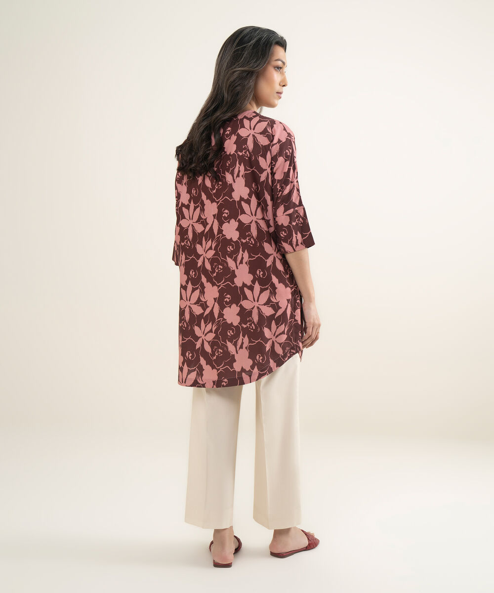 Women's RTW Arabic Cambric Printed Maroon Drop Shoulder Shirt