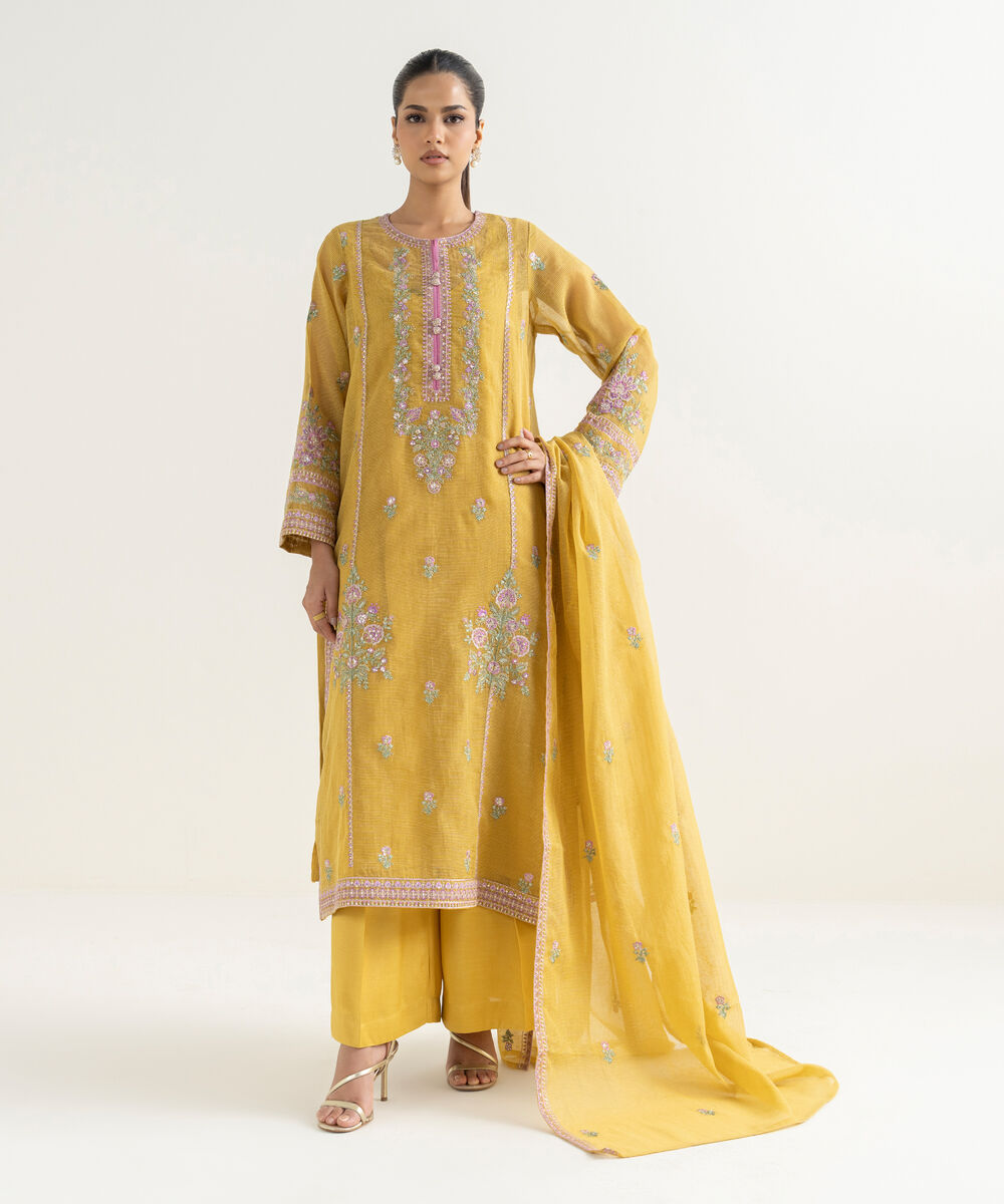 Blended Textured Karandi Embroidered Yellow Dupatta