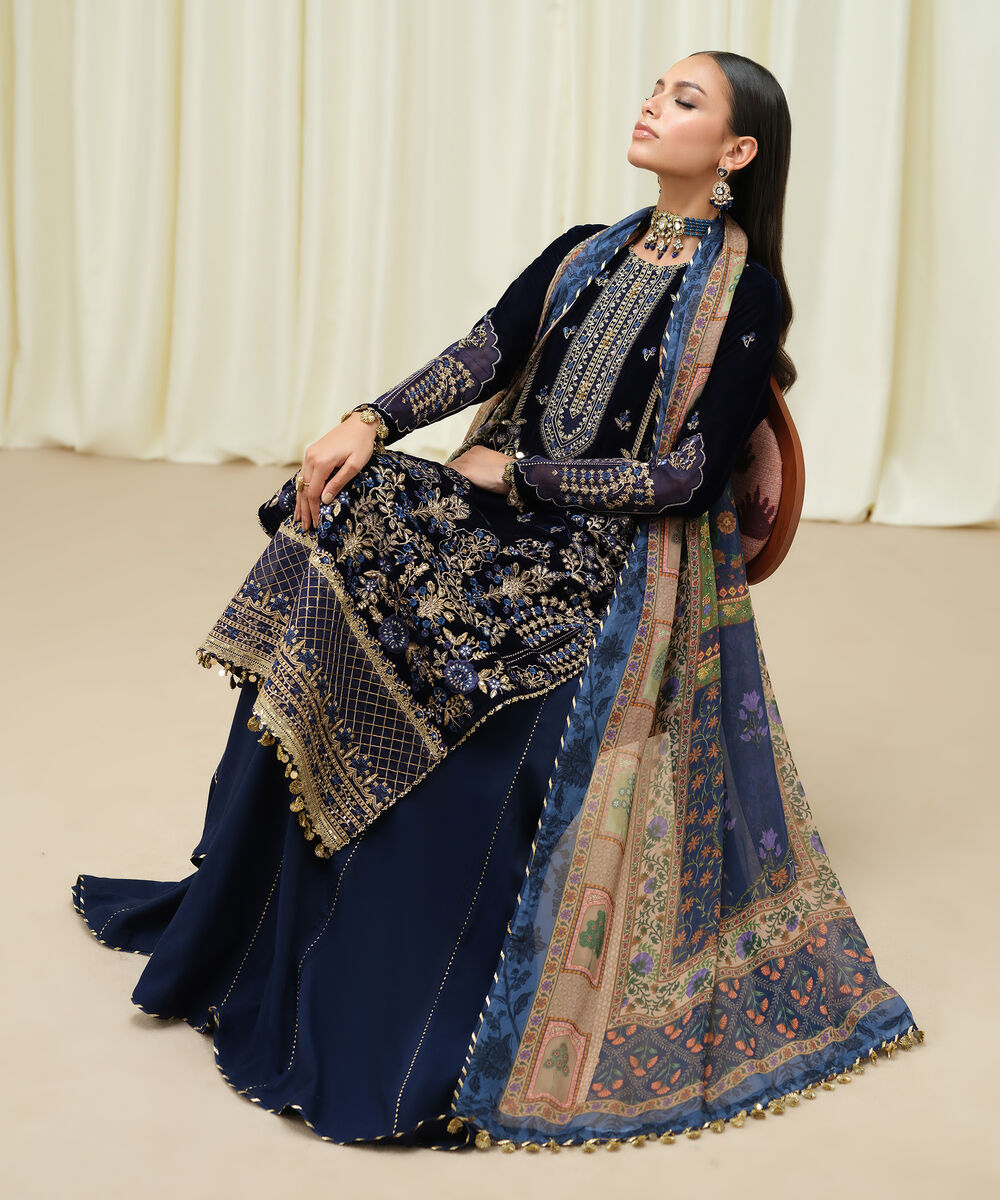 Women's Unstitched Velvet Embroidered Blue 3 Piece Suit