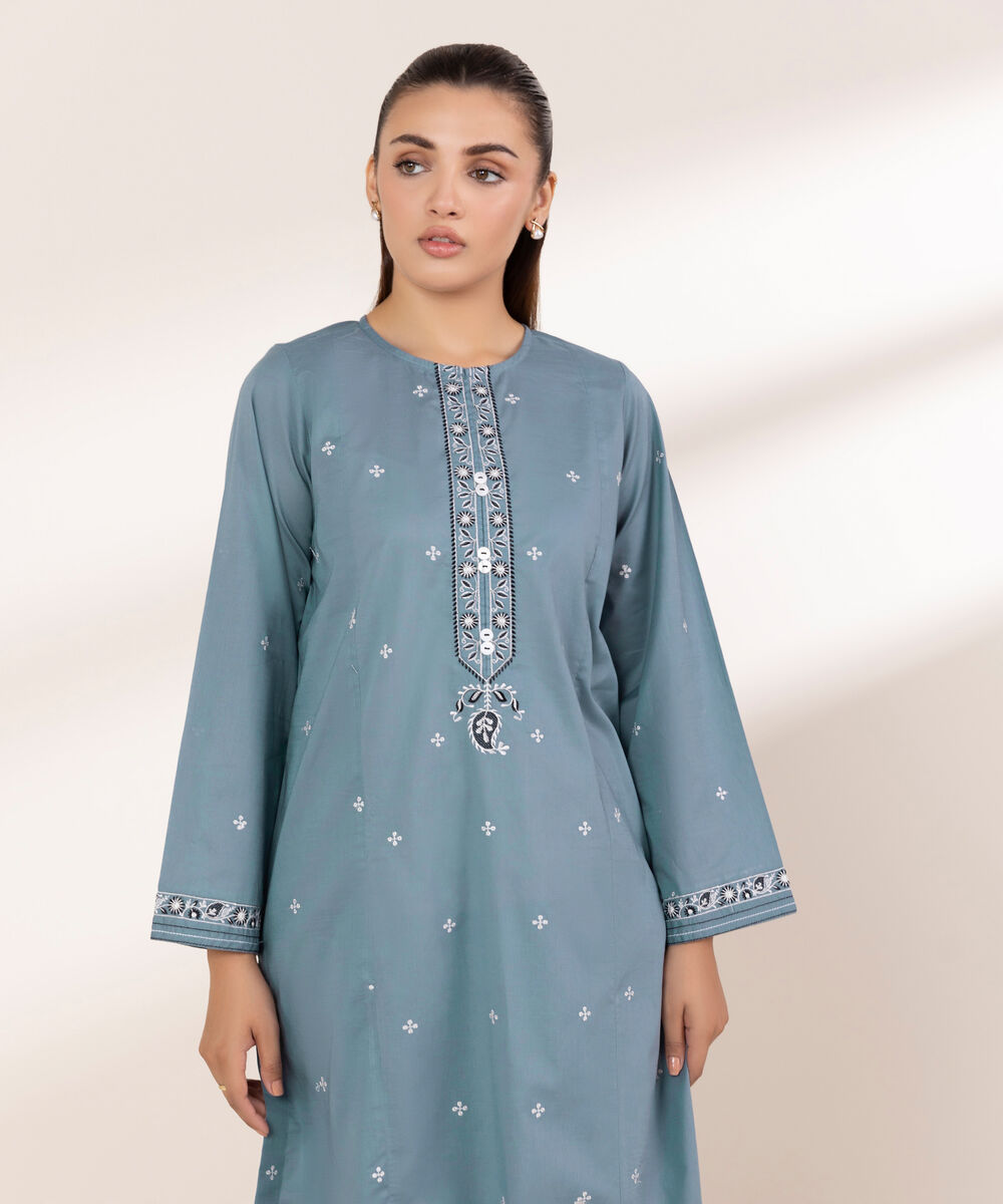 Women's RTW Textured Lawn Blue Embroidered A-Line Shirt