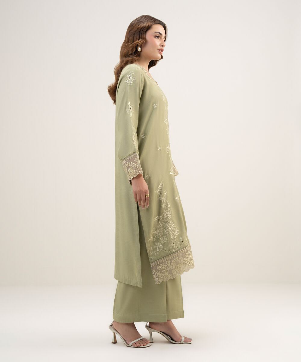Women's RTW Viscose Raw Silk Embroidered Green 2 Piece Suit