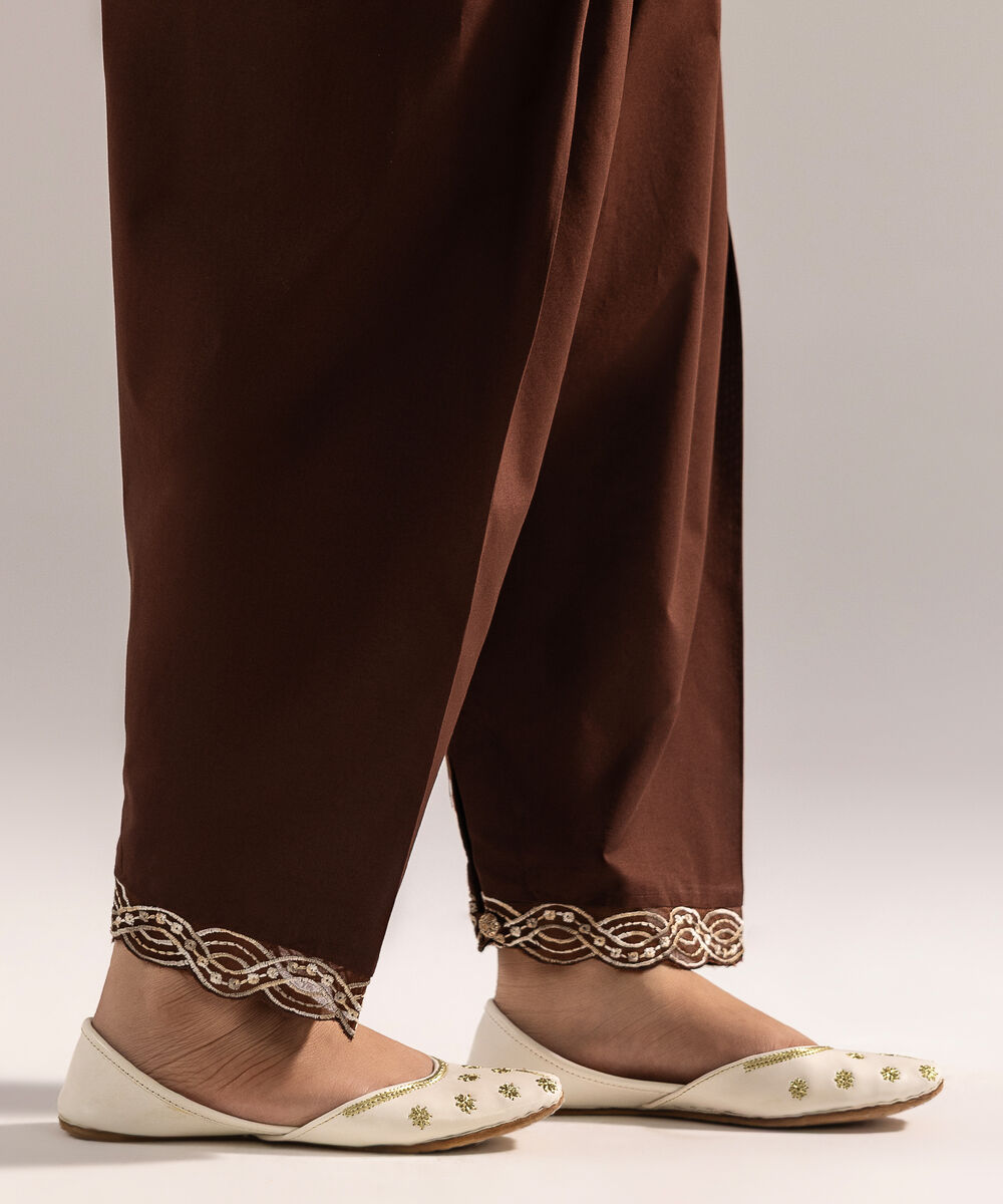 Women's RTW Cambric Embroidered Brown Shalwar