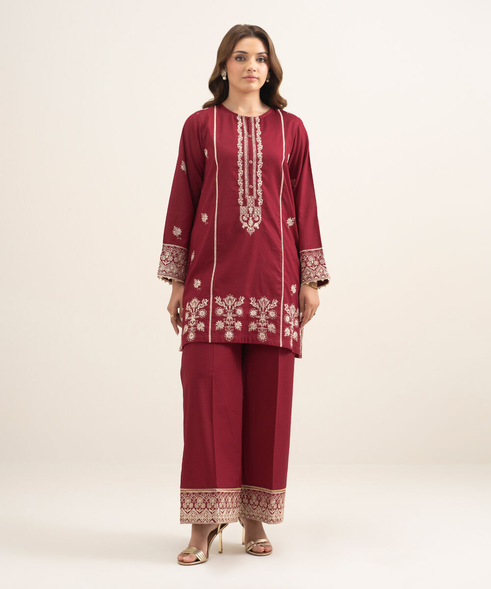 Women's RTW Dobby Embroidered Red Straight Shirt