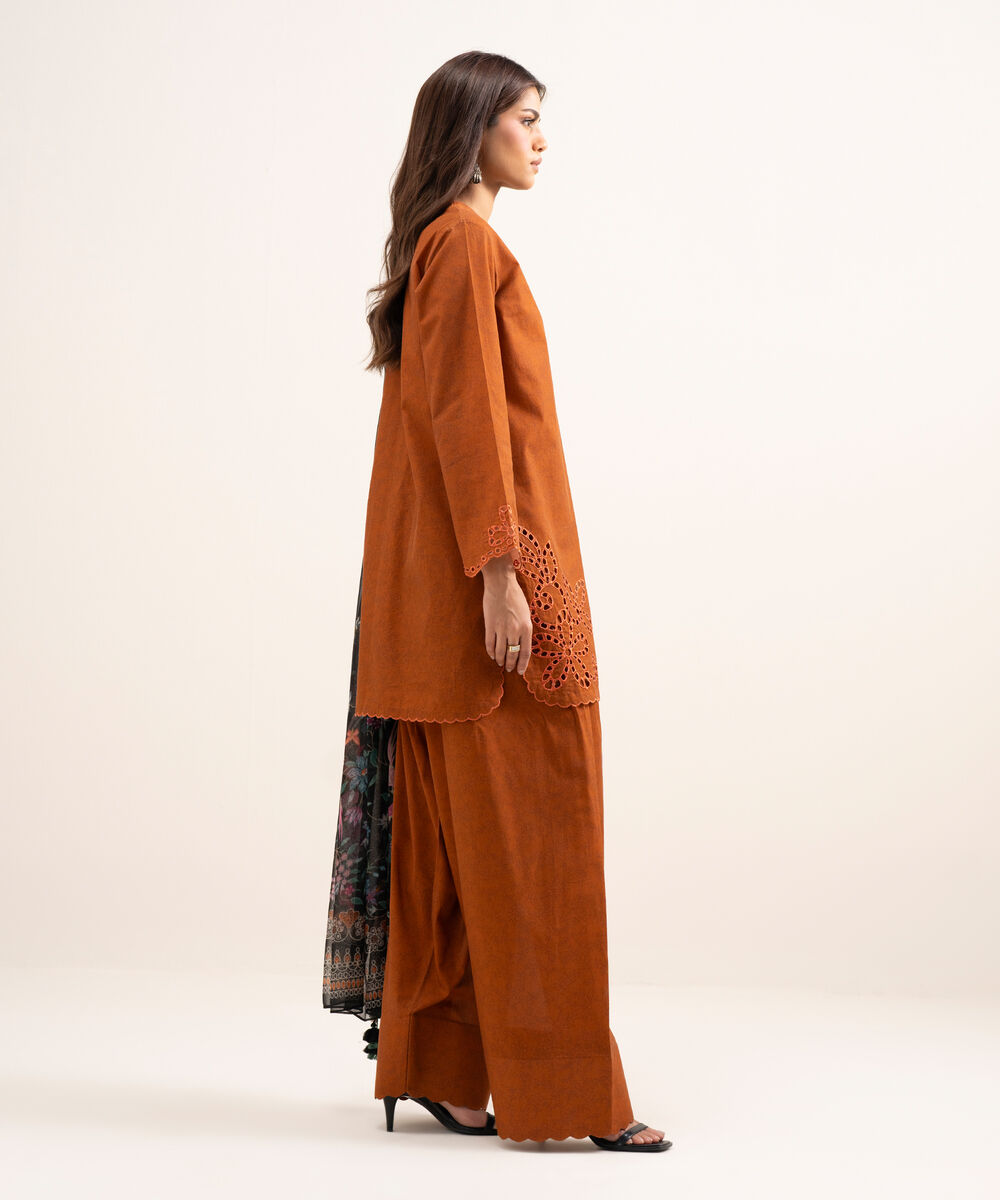 Women's Unstitched Lawn Embroidered Orange 3 Piece Suit