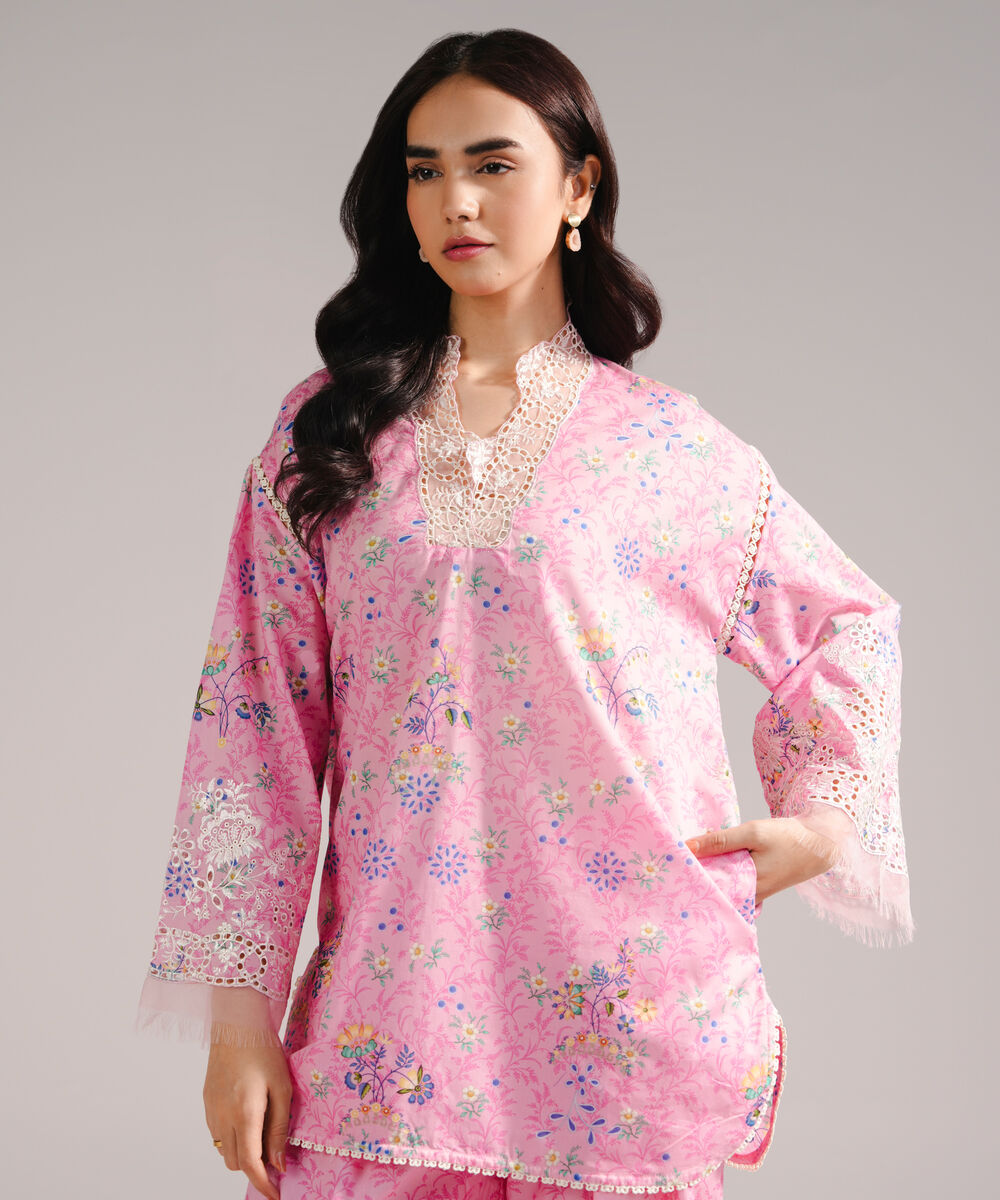 Women's RTW Lawn Embroidered Pink Straight Shirt