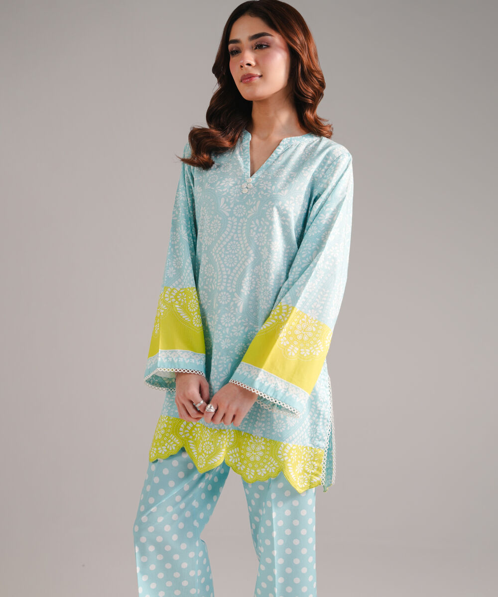 Women's RTW Cambric Printed Light Blue Straight Shirt