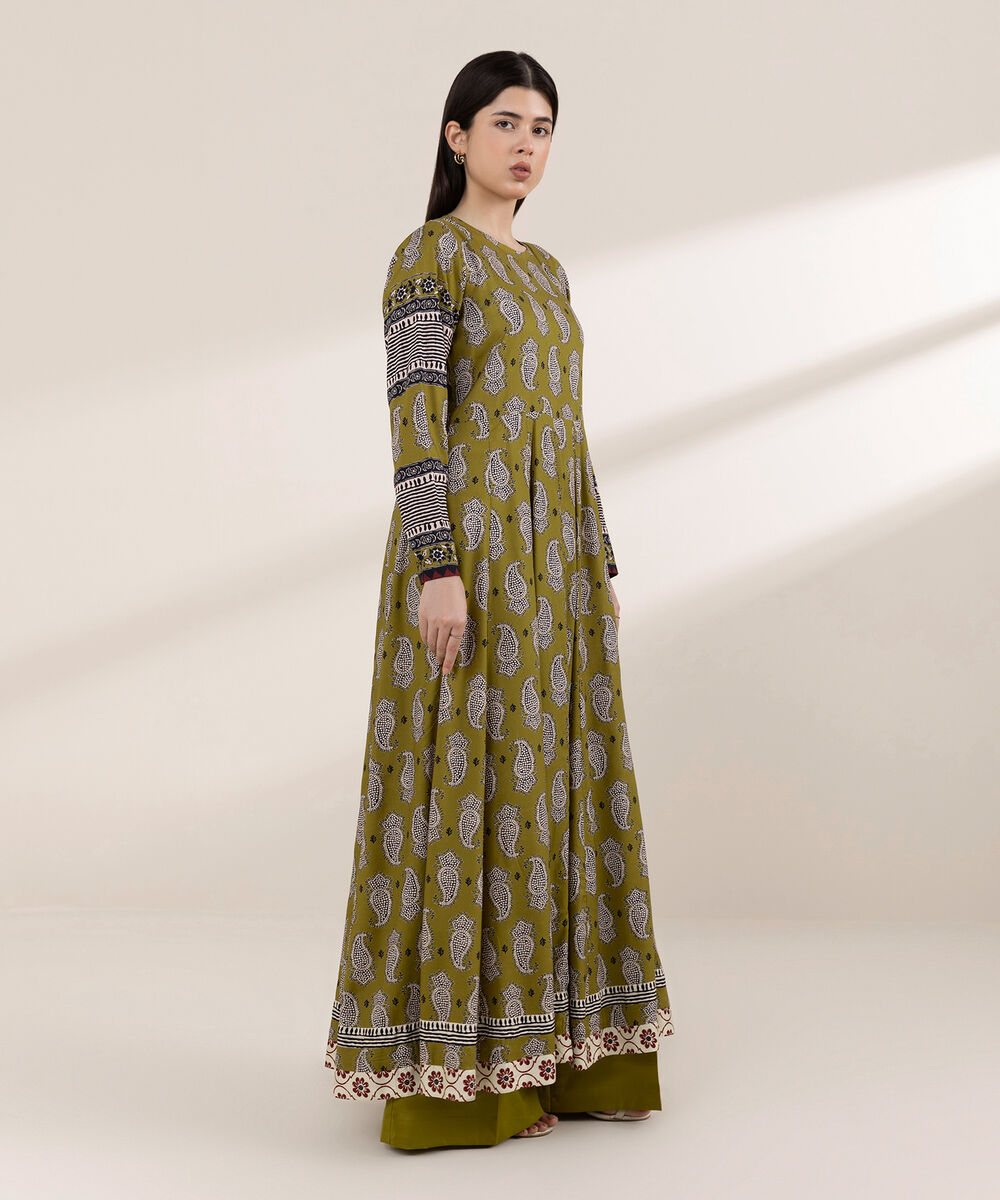 Women's RTW Arabic Lawn Green Printed Peshwas