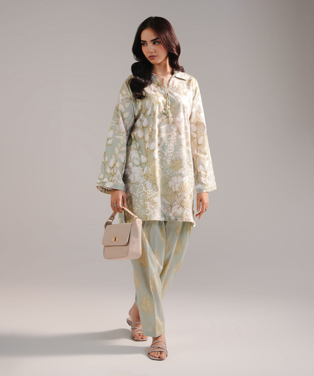 Women's RTW Cambric Printed Green 2 Piece Suit