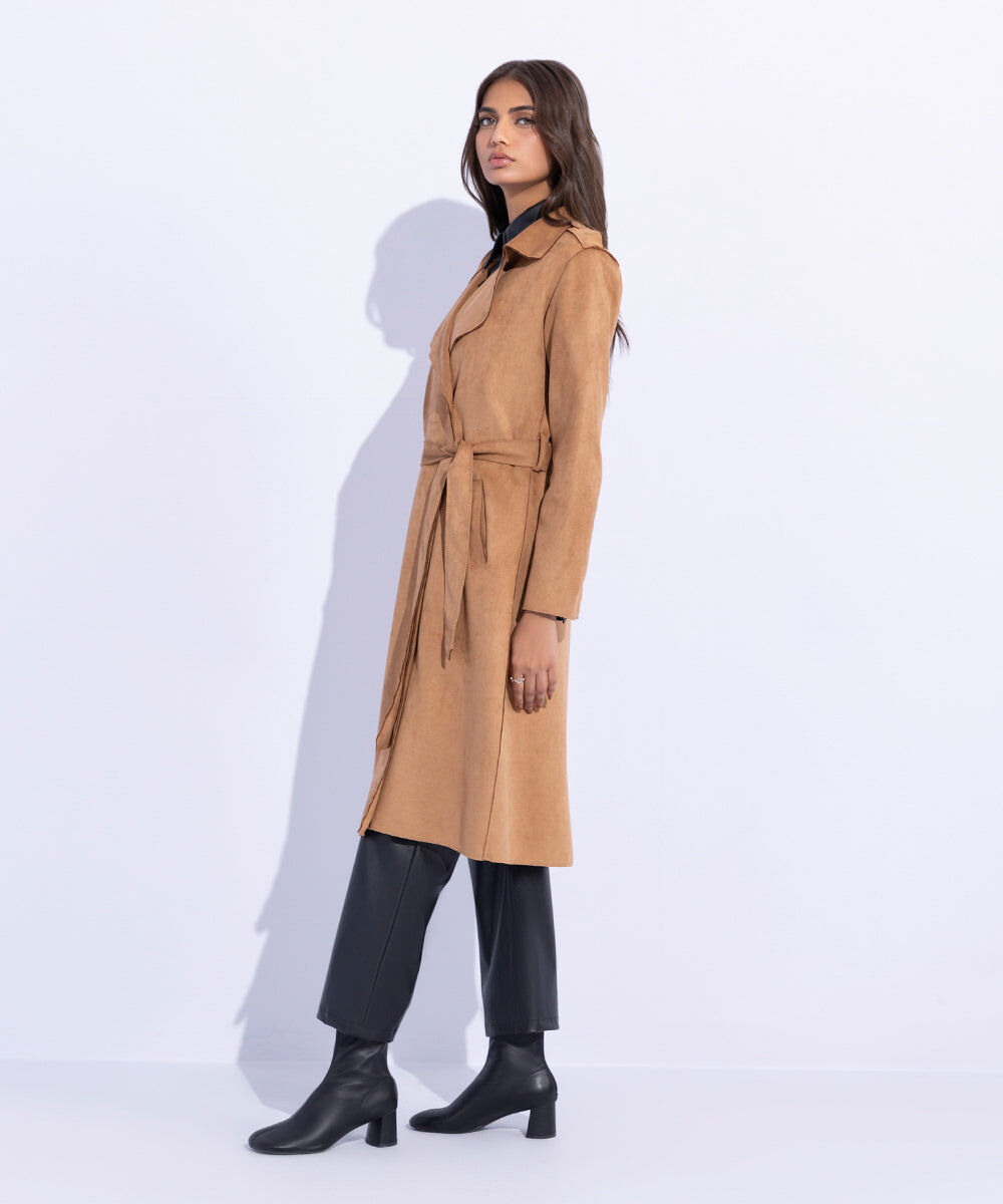 Woman - Brown Suede Trench Coat with Belt