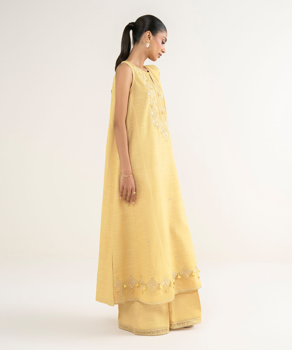 Women's Unstitched Zari Khaddar Embroidered Yellow 3 Piece Suit