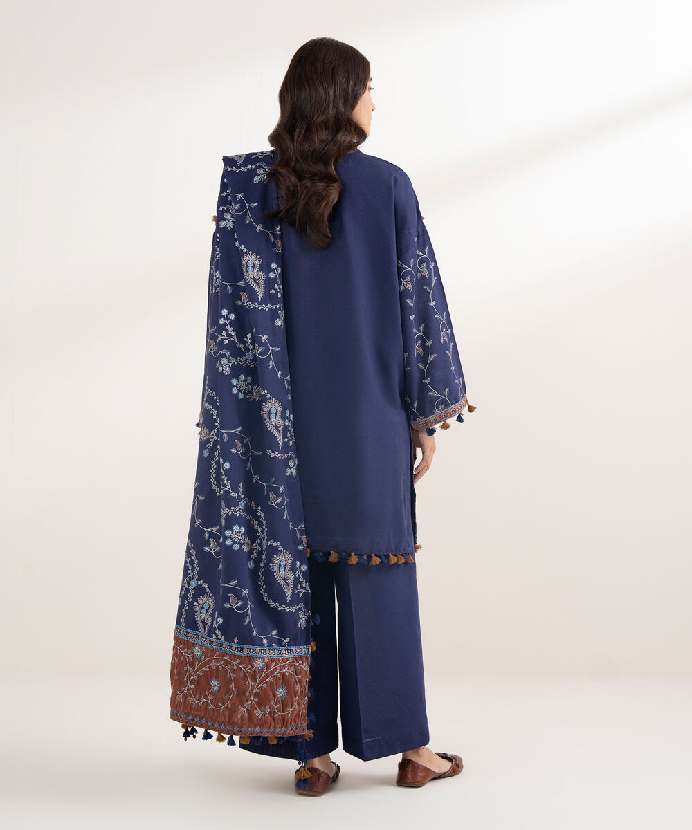 Women's RTW Cotton Karandi Embroidered Blue 3 Piece Suit