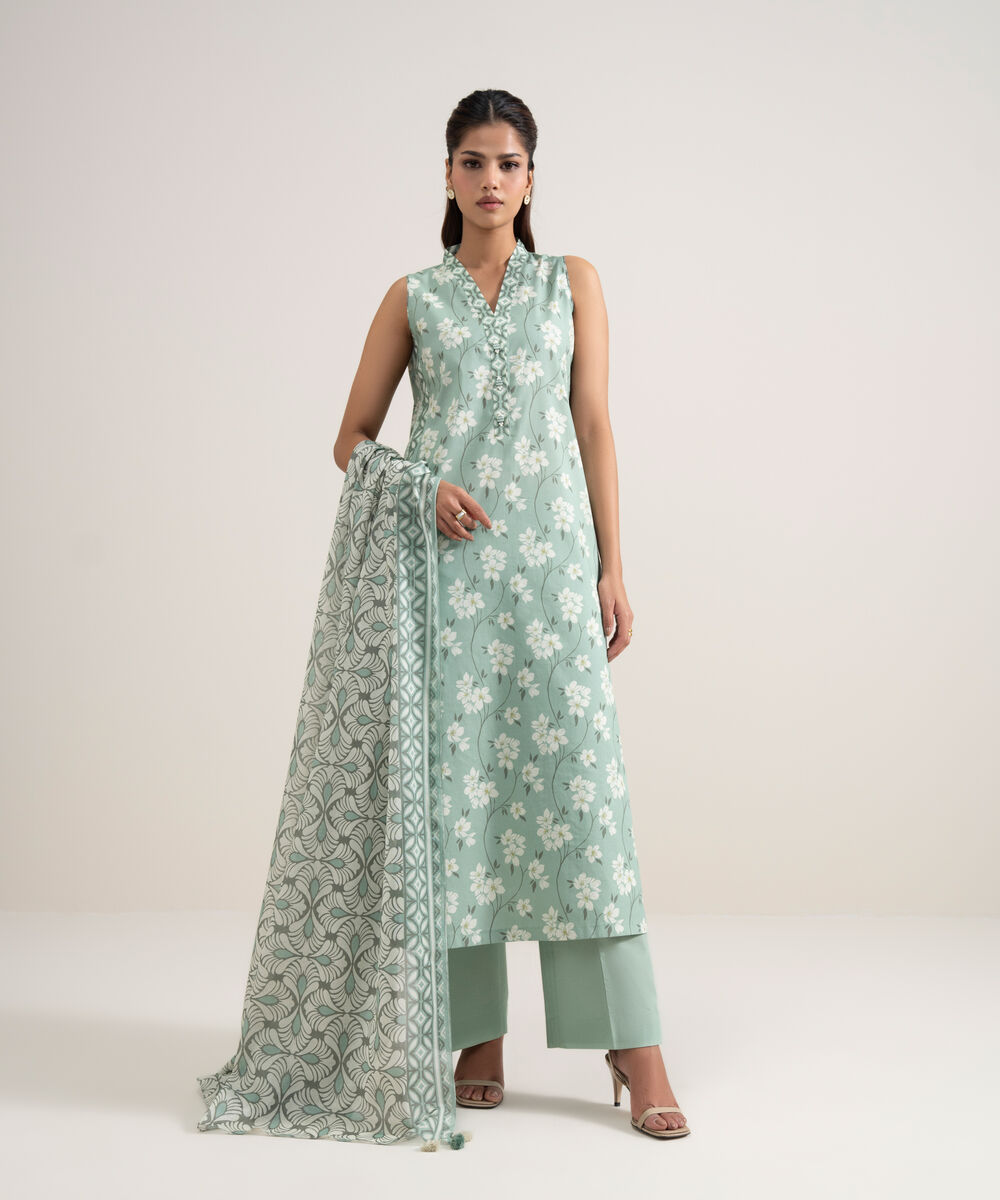 Women's Unstitched Lawn Printed Mint Green and Off White 3 Piece Suit