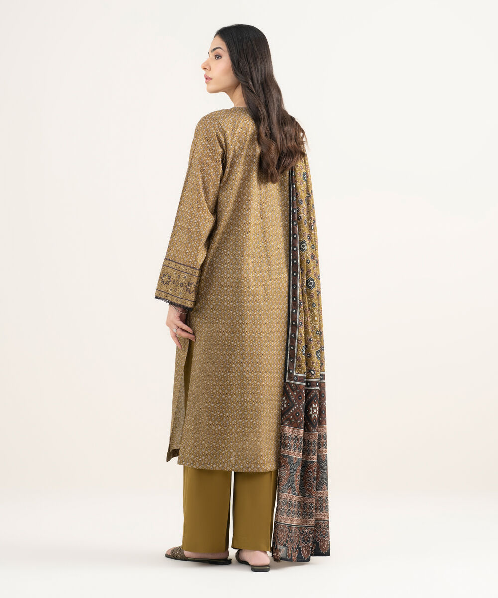 Women's RTW Lawn Printed Mustard Brown 3 Piece Suit