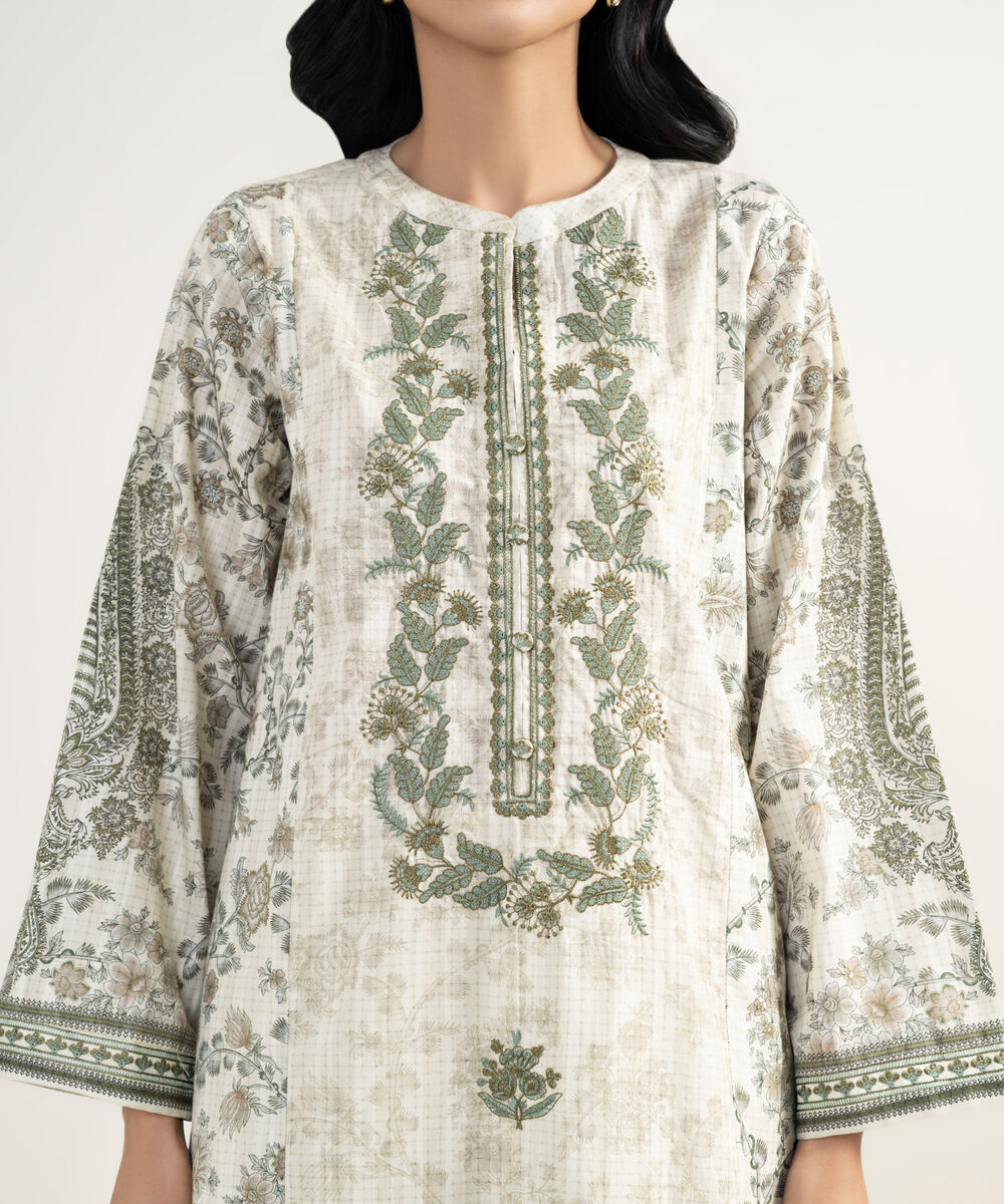 Women's RTW Cotton Embroidered Off White 3 Piece Suit