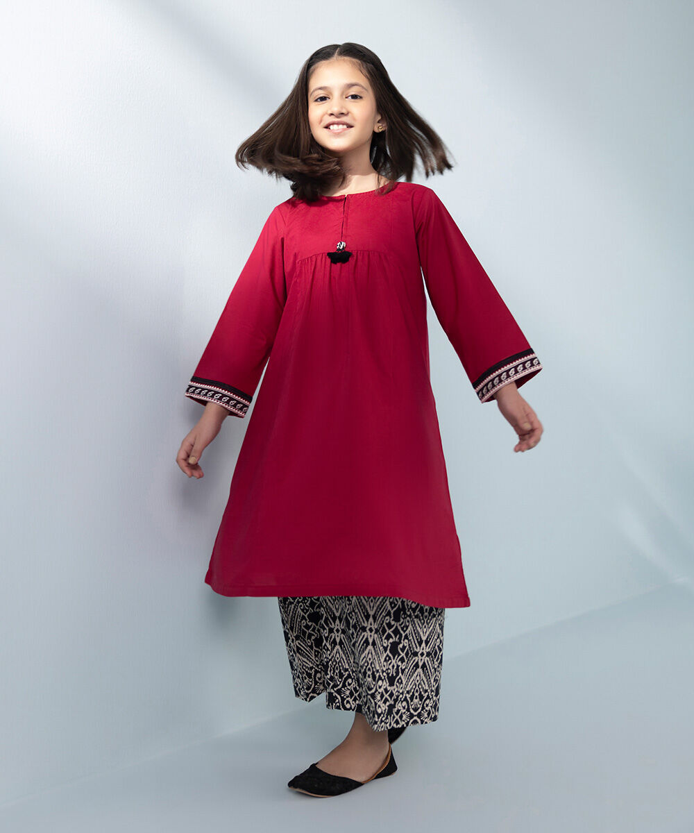 Girls - Red 2 Piece - Embroidered Cambric Suit